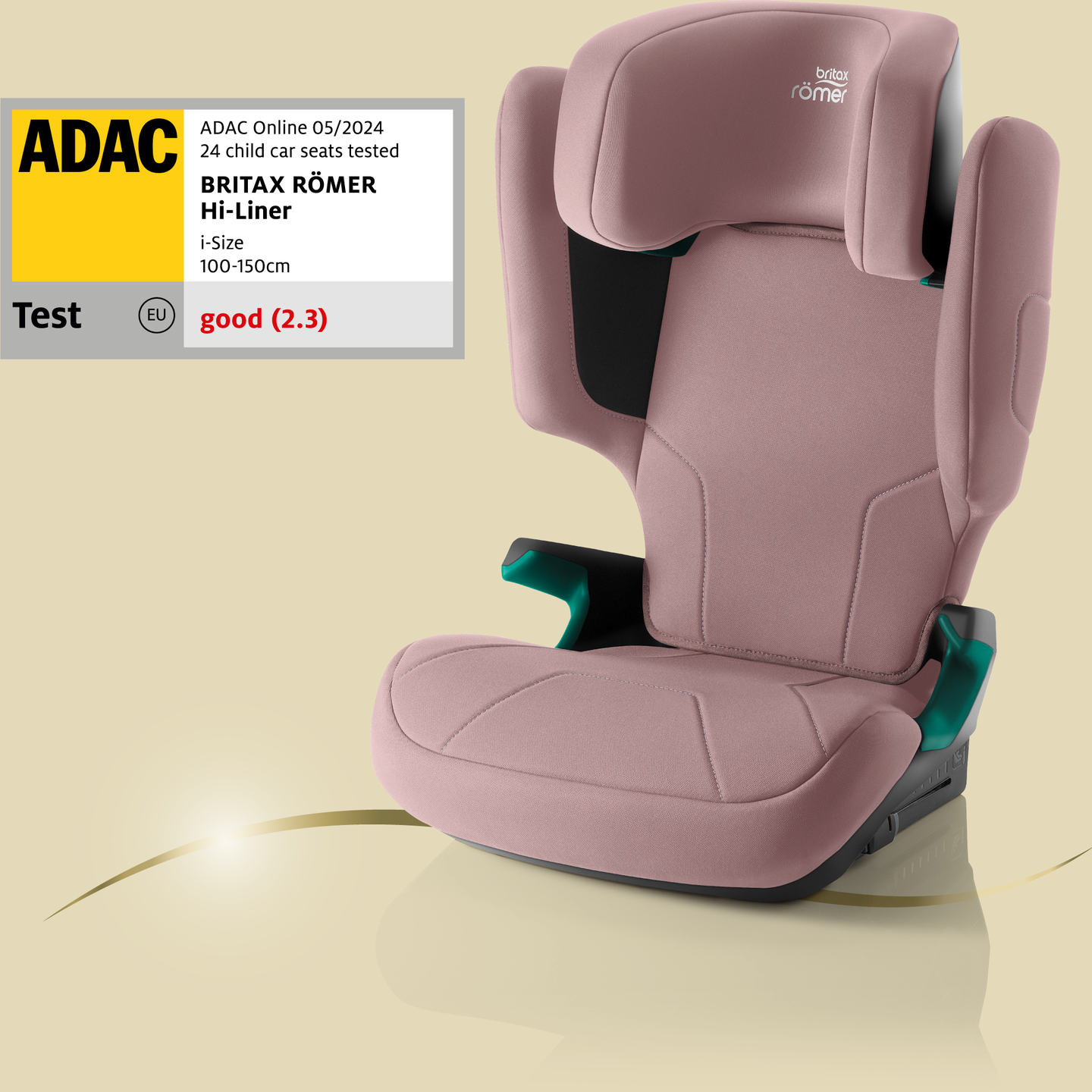 Britax R&ouml;mer HI-LINER car seat with high back; next to it, an ADAC test label with rating good (2.3).